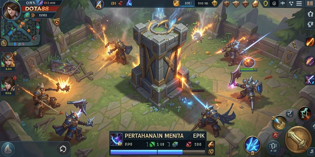 Screenshot DOTA88 menampilkan aksi menara yang sedang bertempur melawan musuh.
