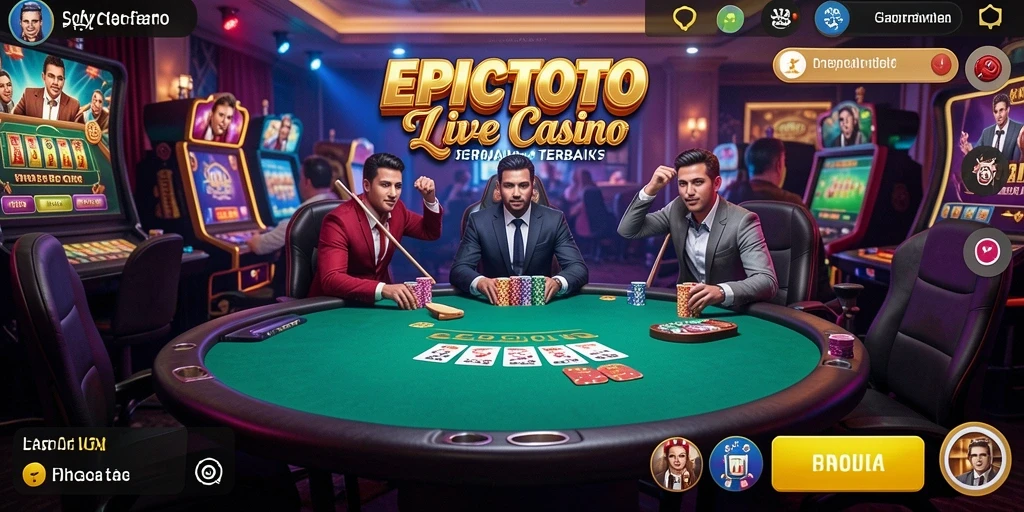 Gameplay EPICTOTO dengan dealer langsung dan suasana kasino yang meriah.