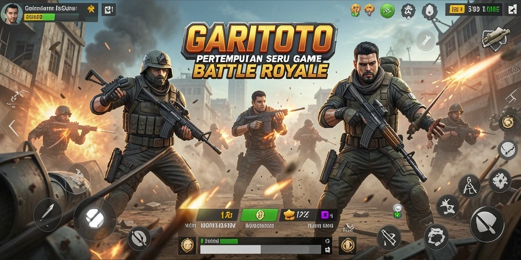 Screenshot utama GARITOTO menampilkan aksi pertempuran intens di medan perang.