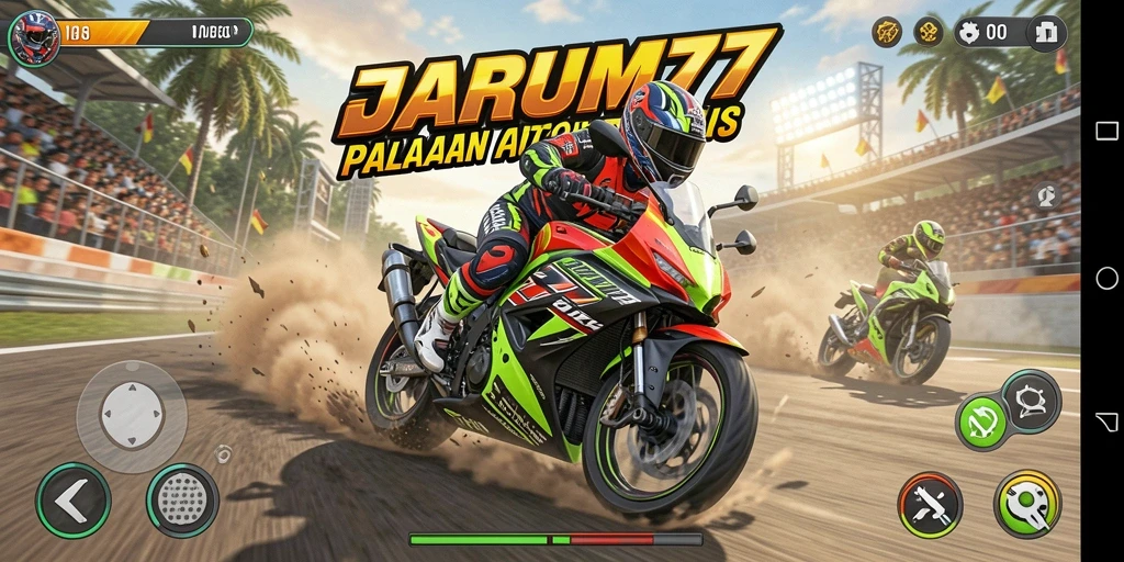Tampilan screenshot JARUM77 yang menunjukkan aksi balapan motor yang seru.