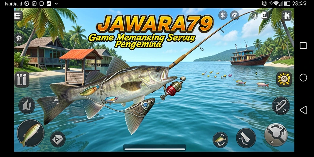 Tampilan gameplay JAWARA79 dengan aksi memancing yang seru.