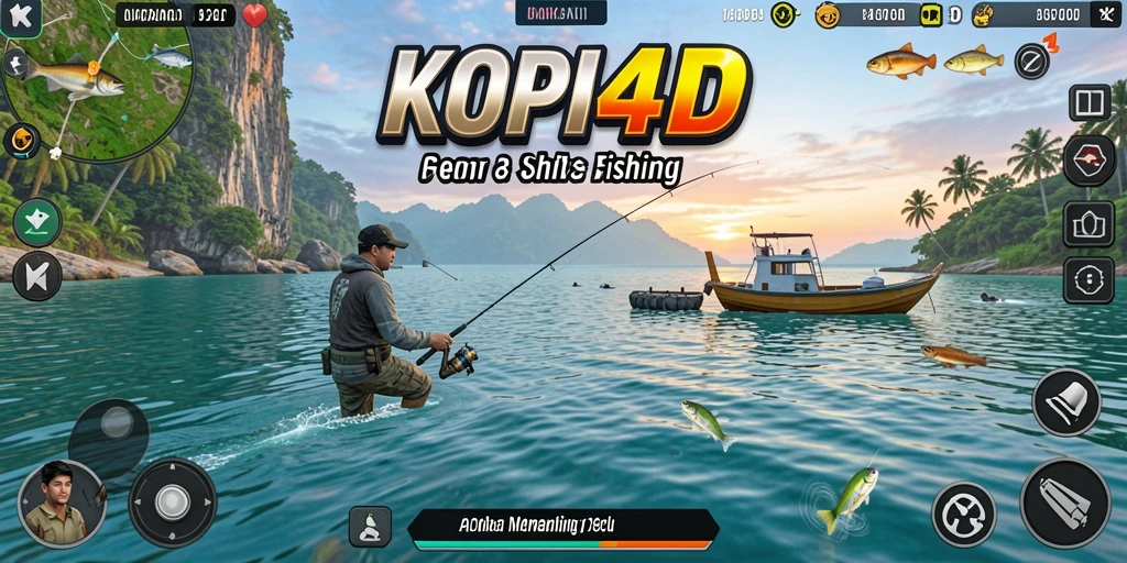Screenshot gameplay KOPI4D yang menunjukkan aksi memancing yang seru.
