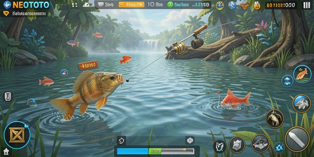 Screenshot gameplay NEOTOTO menampilkan momen seru saat memancing.