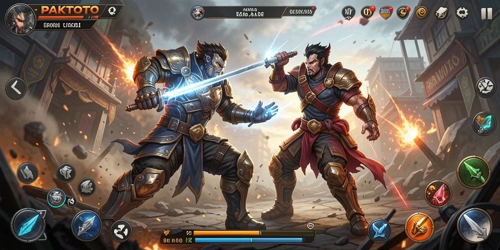 Tangkapan layar gameplay PAKTOTO dengan aksi pertarungan yang intens.