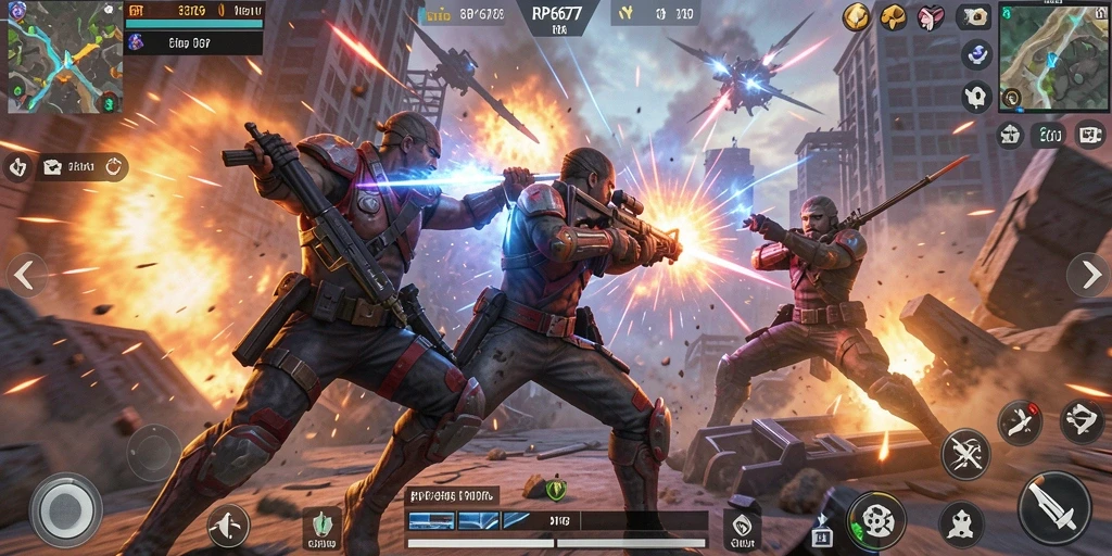 Screenshot menunjukkan aksi seru gameplay RP6677 dalam pertempuran intens.