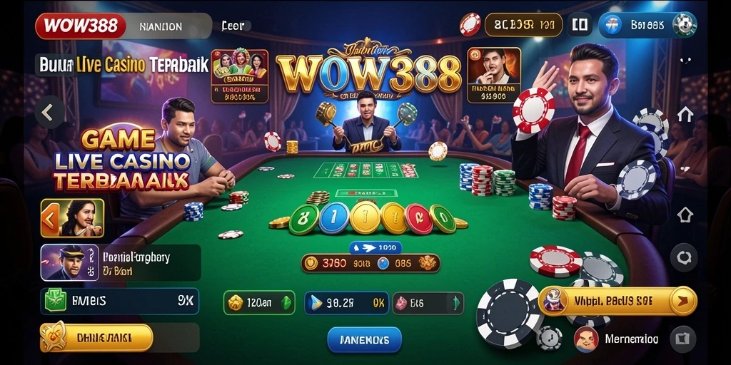 Screenshot gameplay WOW388 menunjukkan dealer langsung dan suasana kasino yang dinamis.